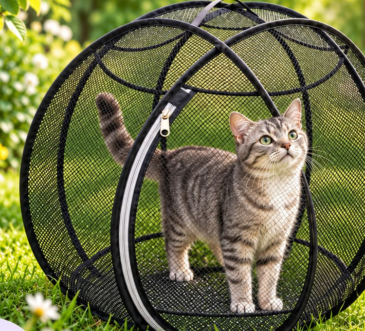 Cat standing inside the PlayPod mesh playpen in a garden